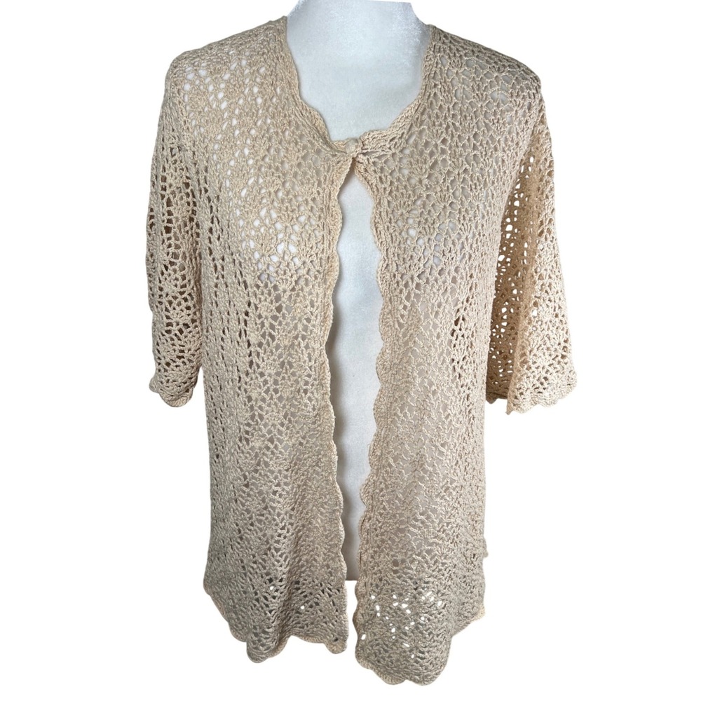 Vintage‎ Woman Beige Crochet Open Knit Cardigan Sweater Plus 2X Fairy Boho 90s